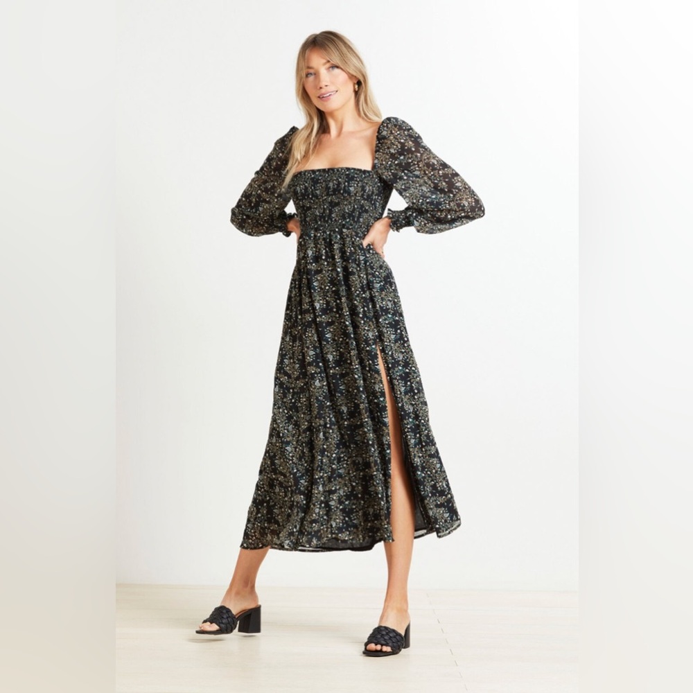 Tuckernuck OPT Classic Smocked Midi Dress Puff Sleeve Floral Slit Front Sz XS